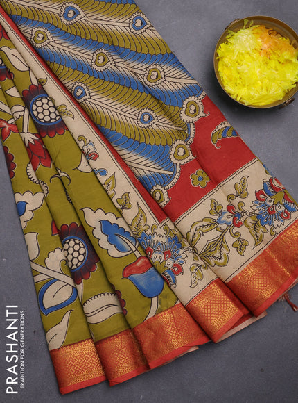 Kalamkari semi silk saree mehendi green and rust shade with allover prints and mangalgiri border