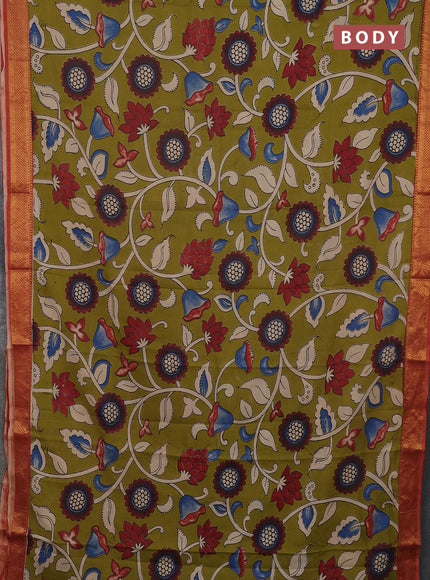 Kalamkari semi silk saree mehendi green and rust shade with allover prints and mangalgiri border