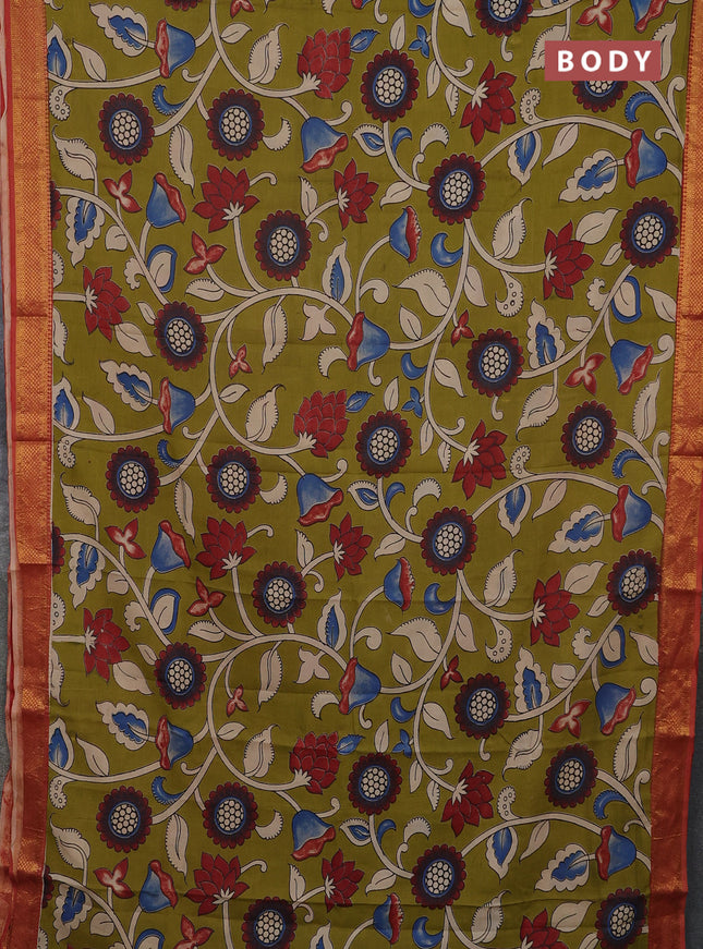 Kalamkari semi silk saree mehendi green and rust shade with allover prints and mangalgiri border