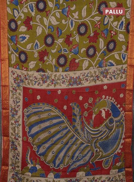 Kalamkari semi silk saree mehendi green and rust shade with allover prints and mangalgiri border