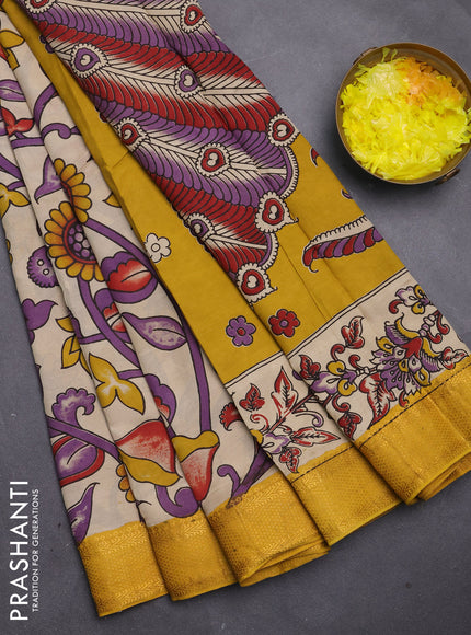 Kalamkari semi silk saree beige and yellow with allover prints and mangalgiri border