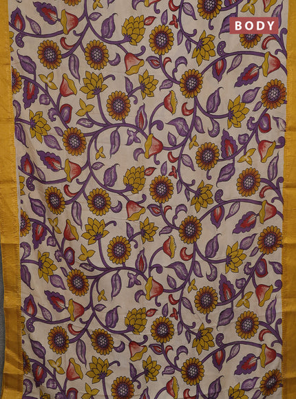 Kalamkari semi silk saree beige and yellow with allover prints and mangalgiri border