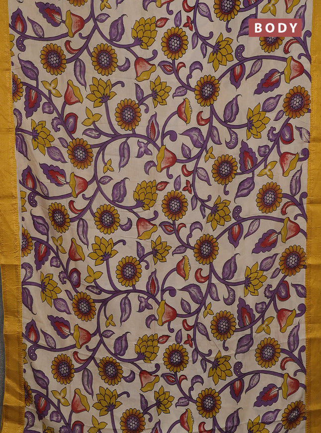 Kalamkari semi silk saree beige and yellow with allover prints and mangalgiri border