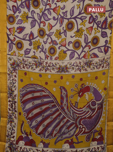 Kalamkari semi silk saree beige and yellow with allover prints and mangalgiri border