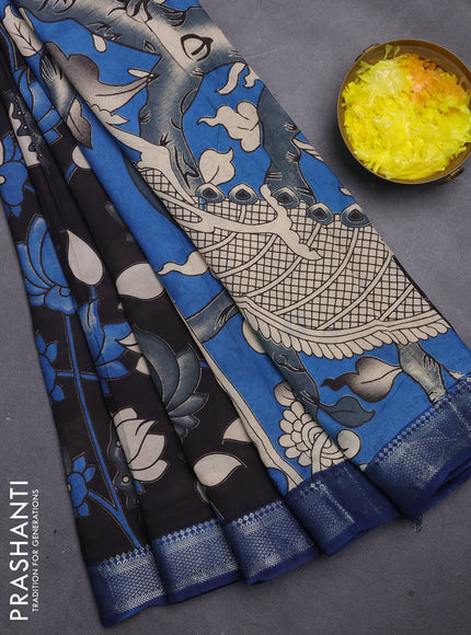 Kalamkari semi silk saree black and peacock blue with allover prints and mangalgiri border