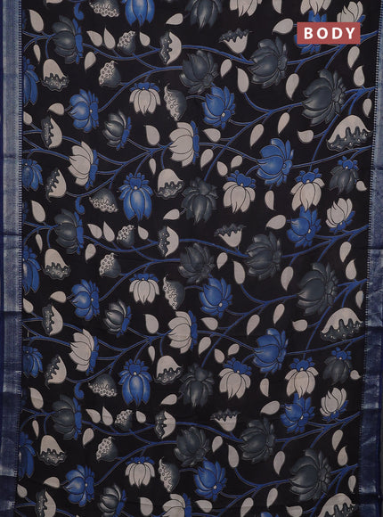 Kalamkari semi silk saree black and peacock blue with allover prints and mangalgiri border