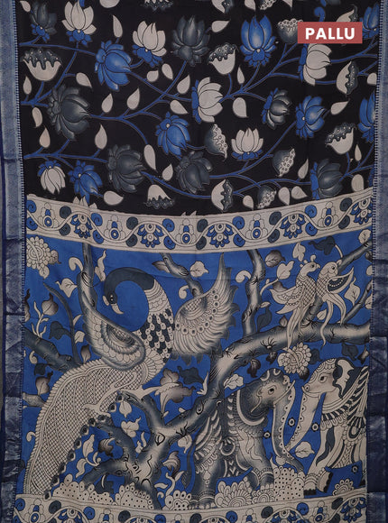 Kalamkari semi silk saree black and peacock blue with allover prints and mangalgiri border