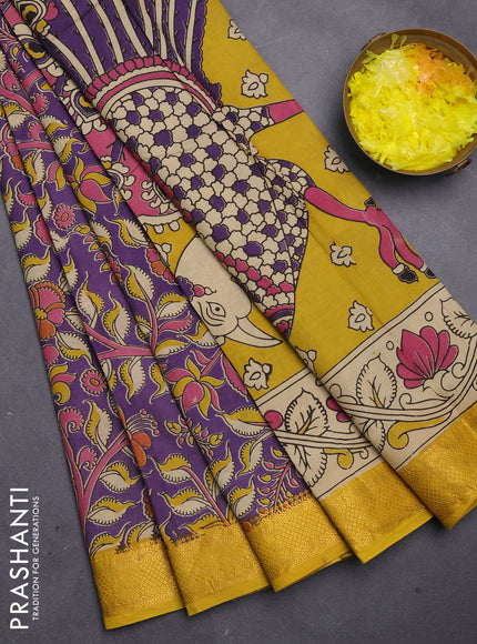 Kalamkari semi silk saree deep purple and yellow with allover prints and mangalgiri border
