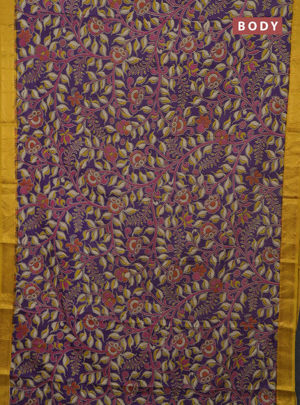 Kalamkari semi silk saree deep purple and yellow with allover prints and mangalgiri border