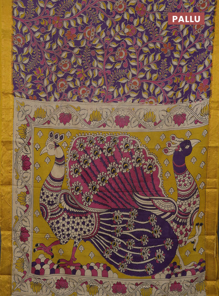 Kalamkari semi silk saree deep purple and yellow with allover prints and mangalgiri border