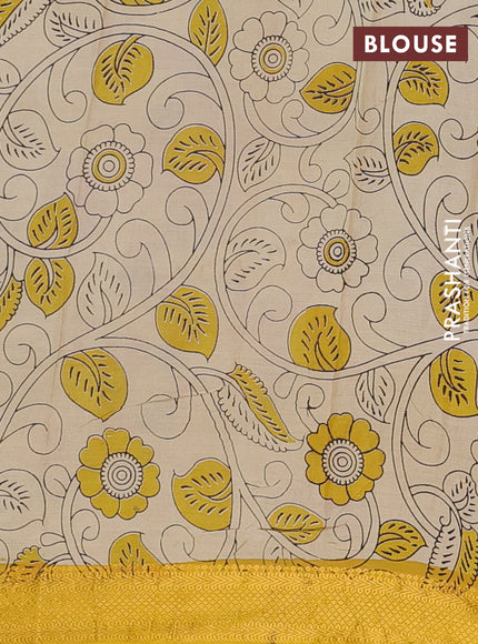 Kalamkari semi silk saree deep purple and yellow with allover prints and mangalgiri border