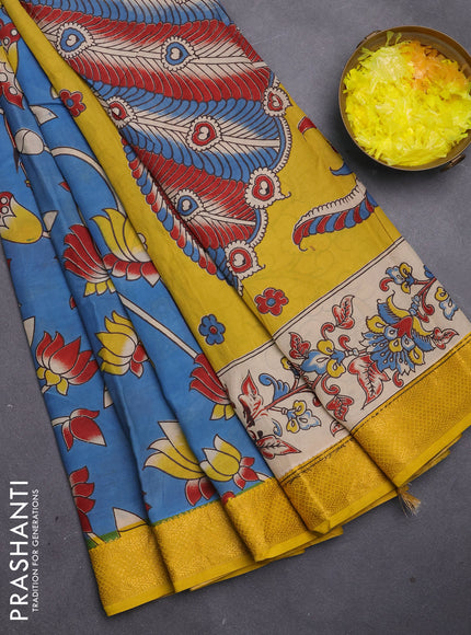 Kalamkari semi silk saree cs blue and yellow with allover pichwai prints and mangalgiri border