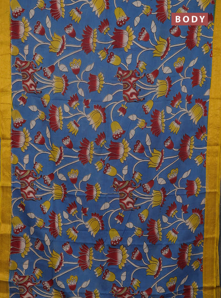 Kalamkari semi silk saree cs blue and yellow with allover pichwai prints and mangalgiri border