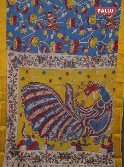 Kalamkari semi silk saree cs blue and yellow with allover pichwai prints and mangalgiri border