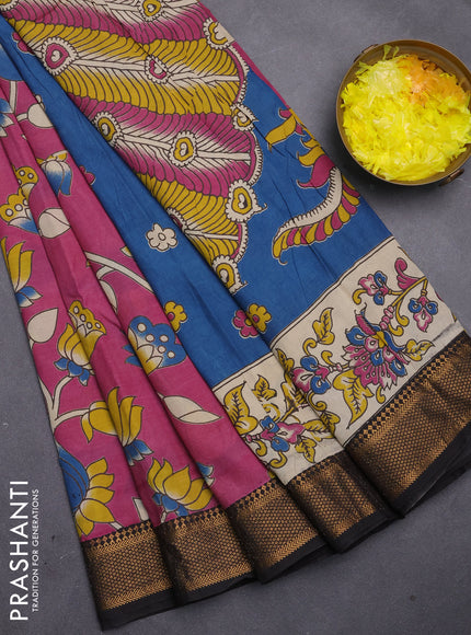 Kalamkari semi silk saree pink and black with allover pichwai prints and mangalgiri border