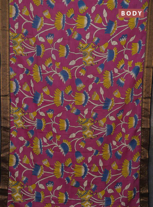Kalamkari semi silk saree pink and black with allover pichwai prints and mangalgiri border
