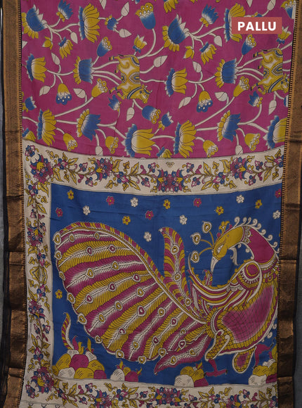 Kalamkari semi silk saree pink and black with allover pichwai prints and mangalgiri border