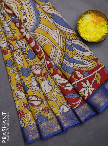 Kalamkari semi silk saree yellow and blue with allover prints and mangalgiri border