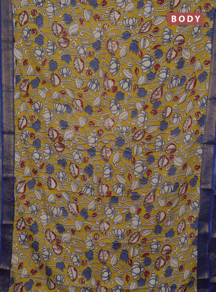 Kalamkari semi silk saree yellow and blue with allover prints and mangalgiri border
