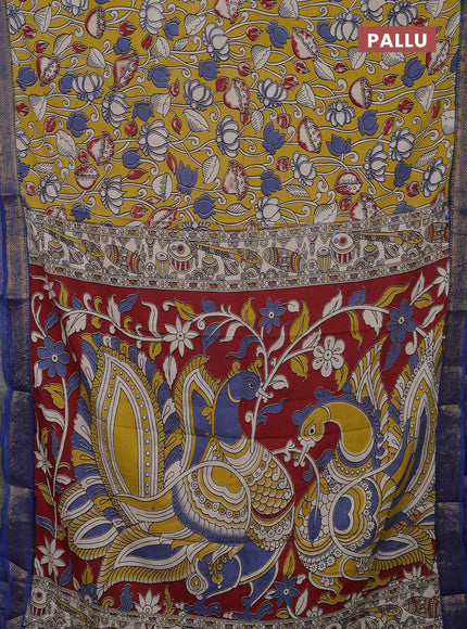 Kalamkari semi silk saree yellow and blue with allover prints and mangalgiri border