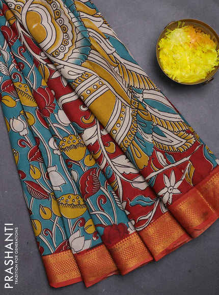 Kalamkari semi silk saree teal green and rust shade with allover prints and mangalgiri border