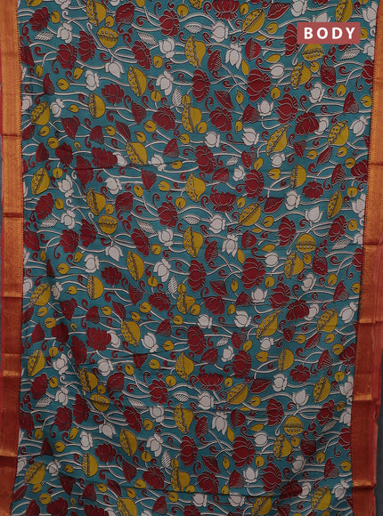 Kalamkari semi silk saree teal green and rust shade with allover prints and mangalgiri border