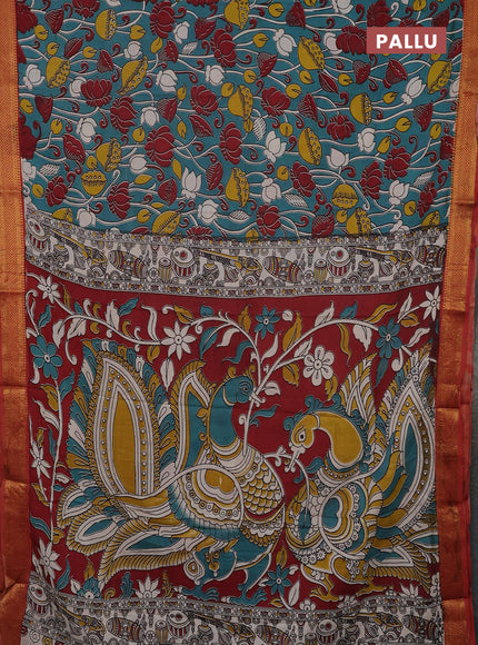 Kalamkari semi silk saree teal green and rust shade with allover prints and mangalgiri border