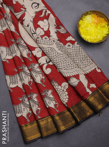 Kalamkari semi silk saree maroon and black with allover pichwai prints and mangalgiri border