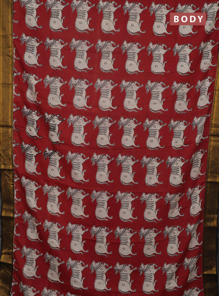 Kalamkari semi silk saree maroon and black with allover pichwai prints and mangalgiri border