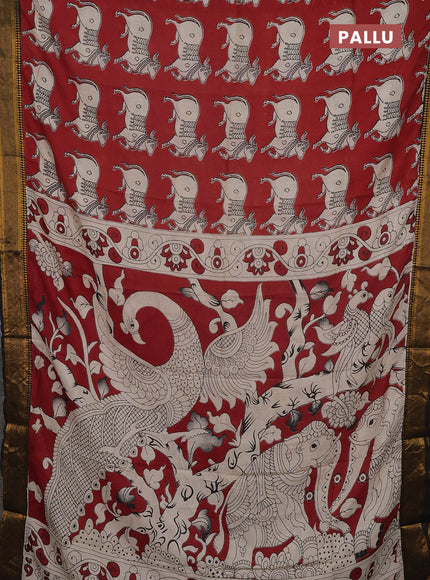 Kalamkari semi silk saree maroon and black with allover pichwai prints and mangalgiri border