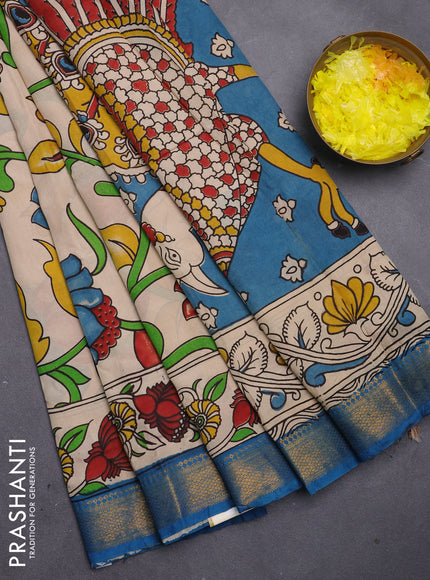 Kalamkari semi silk saree beige and teal blue with allover prints and mangalgiri border