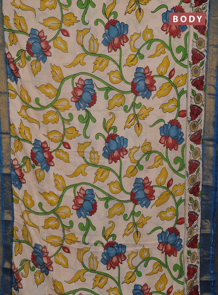 Kalamkari semi silk saree beige and teal blue with allover prints and mangalgiri border