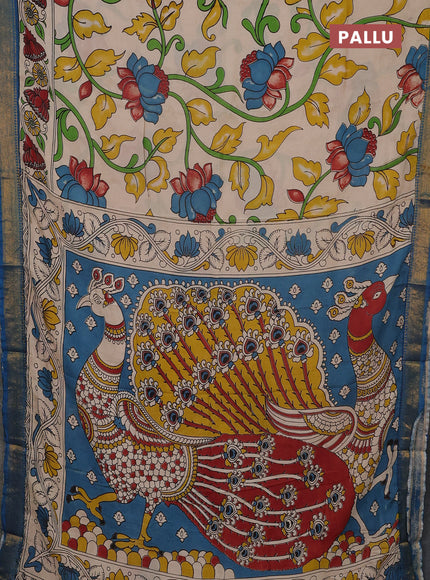 Kalamkari semi silk saree beige and teal blue with allover prints and mangalgiri border