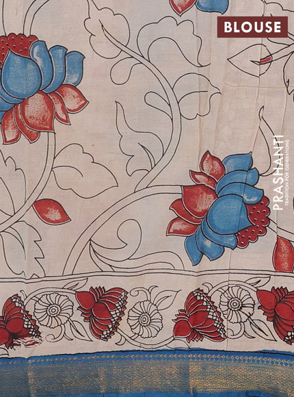 Kalamkari semi silk saree beige and teal blue with allover prints and mangalgiri border