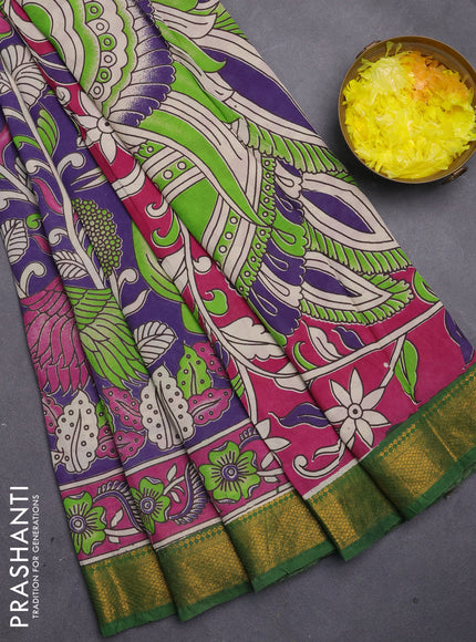 Kalamkari semi silk saree deep violet and green with allover prints and mangalgiri border