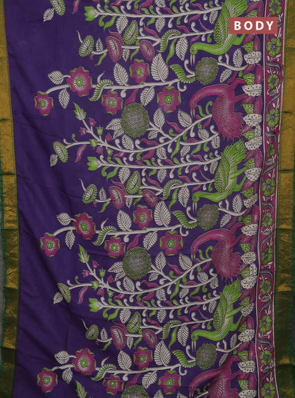 Kalamkari semi silk saree deep violet and green with allover prints and mangalgiri border