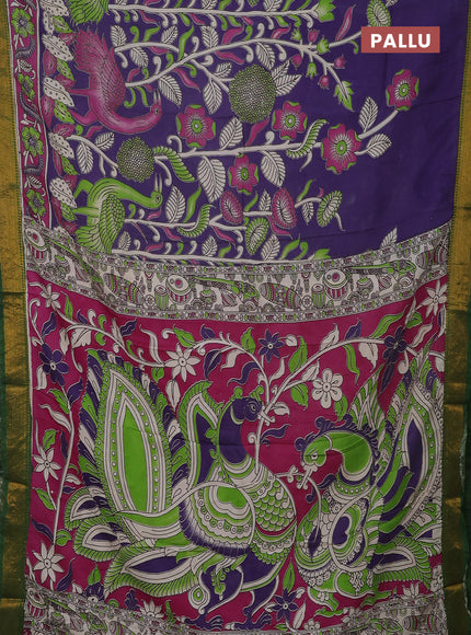 Kalamkari semi silk saree deep violet and green with allover prints and mangalgiri border