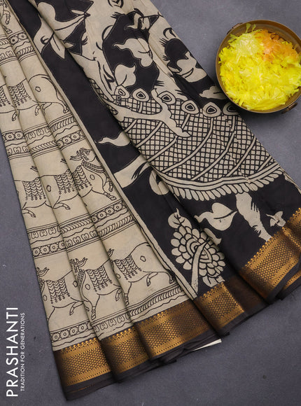 Kalamkari semi silk saree beige and black with allover pichwai prints and mangalgiri border