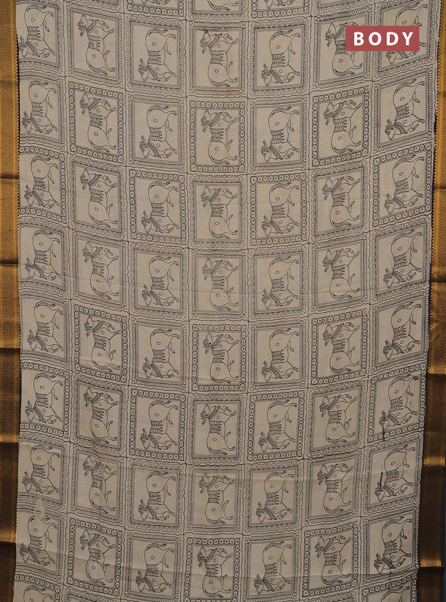 Kalamkari semi silk saree beige and black with allover pichwai prints and mangalgiri border