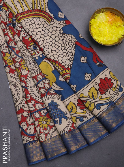 Kalamkari semi silk saree maroon and peacock blue with allover prints and mangalgiri border