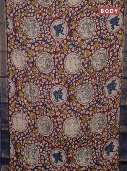 Kalamkari semi silk saree maroon and peacock blue with allover prints and mangalgiri border