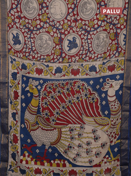 Kalamkari semi silk saree maroon and peacock blue with allover prints and mangalgiri border