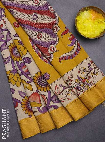 Kalamkari semi silk saree beige and mustard yellow with allover prints and mangalgiri border