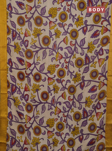Kalamkari semi silk saree beige and mustard yellow with allover prints and mangalgiri border
