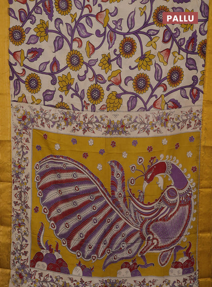 Kalamkari semi silk saree beige and mustard yellow with allover prints and mangalgiri border