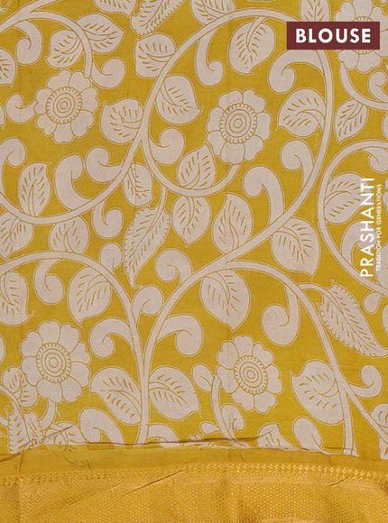 Kalamkari semi silk saree beige and mustard yellow with allover prints and mangalgiri border
