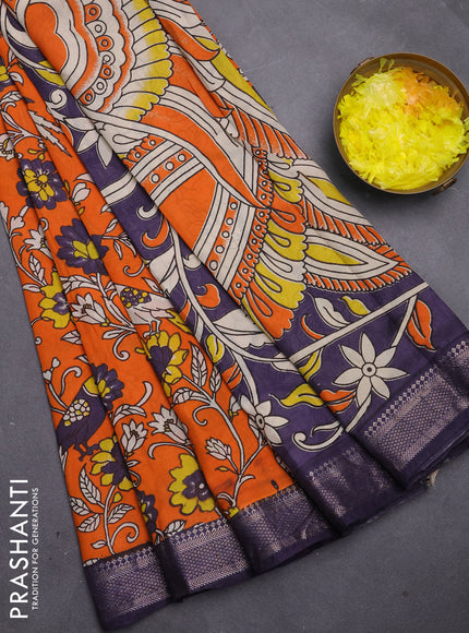 Kalamkari semi silk saree orange and deep violet with allover prints and mangalgiri border