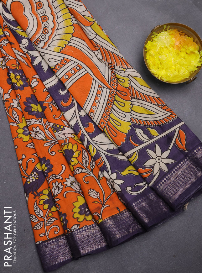 Kalamkari semi silk saree orange and deep violet with allover prints and mangalgiri border