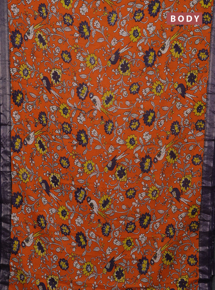 Kalamkari semi silk saree orange and deep violet with allover prints and mangalgiri border