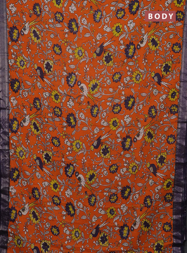 Kalamkari semi silk saree orange and deep violet with allover prints and mangalgiri border
